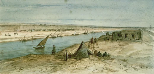 Het Suezkanaal, uit een souveniralbum ter herdenking van de reis van keizerin Eugenie bij de inhuldiging in 1869